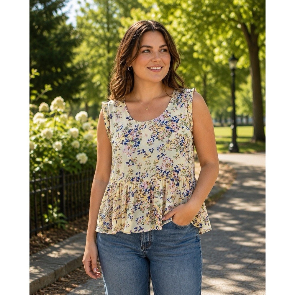 Elodie Sleeveless Floral Sheer Top - Women's XL - Ruffle Peplum Hemline